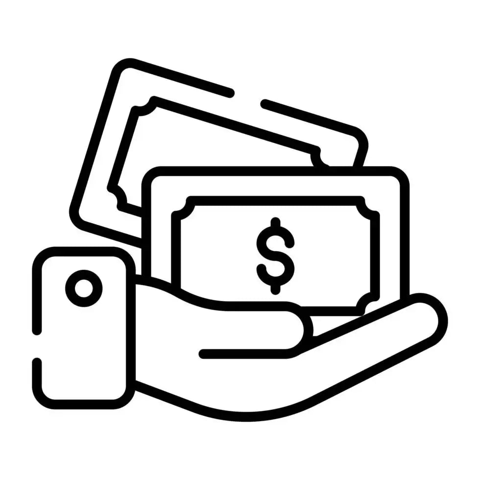 Schwarzlinien-Illustrationssymbol einer Hand, die Bargeld und ein Smartphone hält.